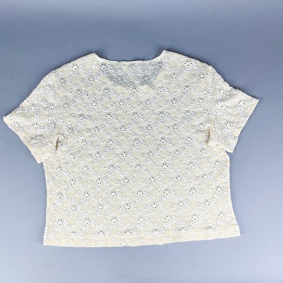 Lace Crop Top | Vintage Butter Yellow Floral Eyelet Lace Short Sleeve Shirt - Picture 6 of 7
